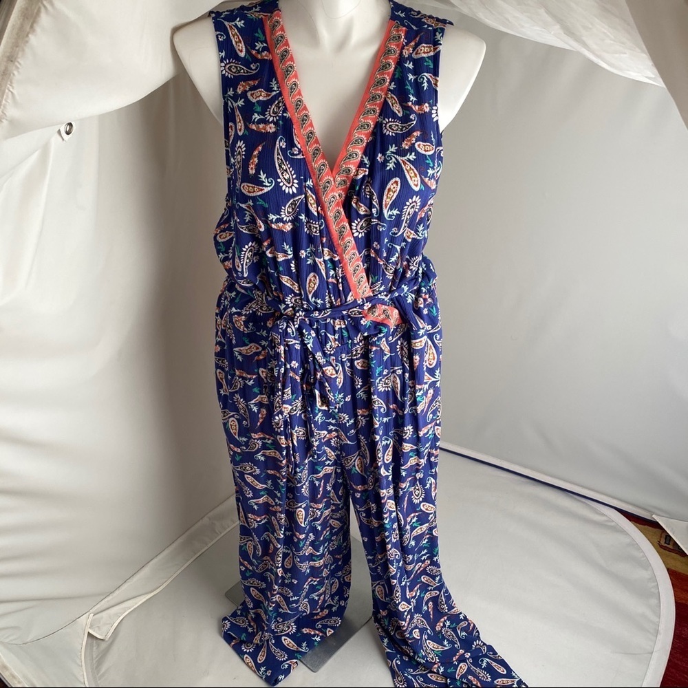 Westport blue and coral faux wrap jumpsuit with tie belt